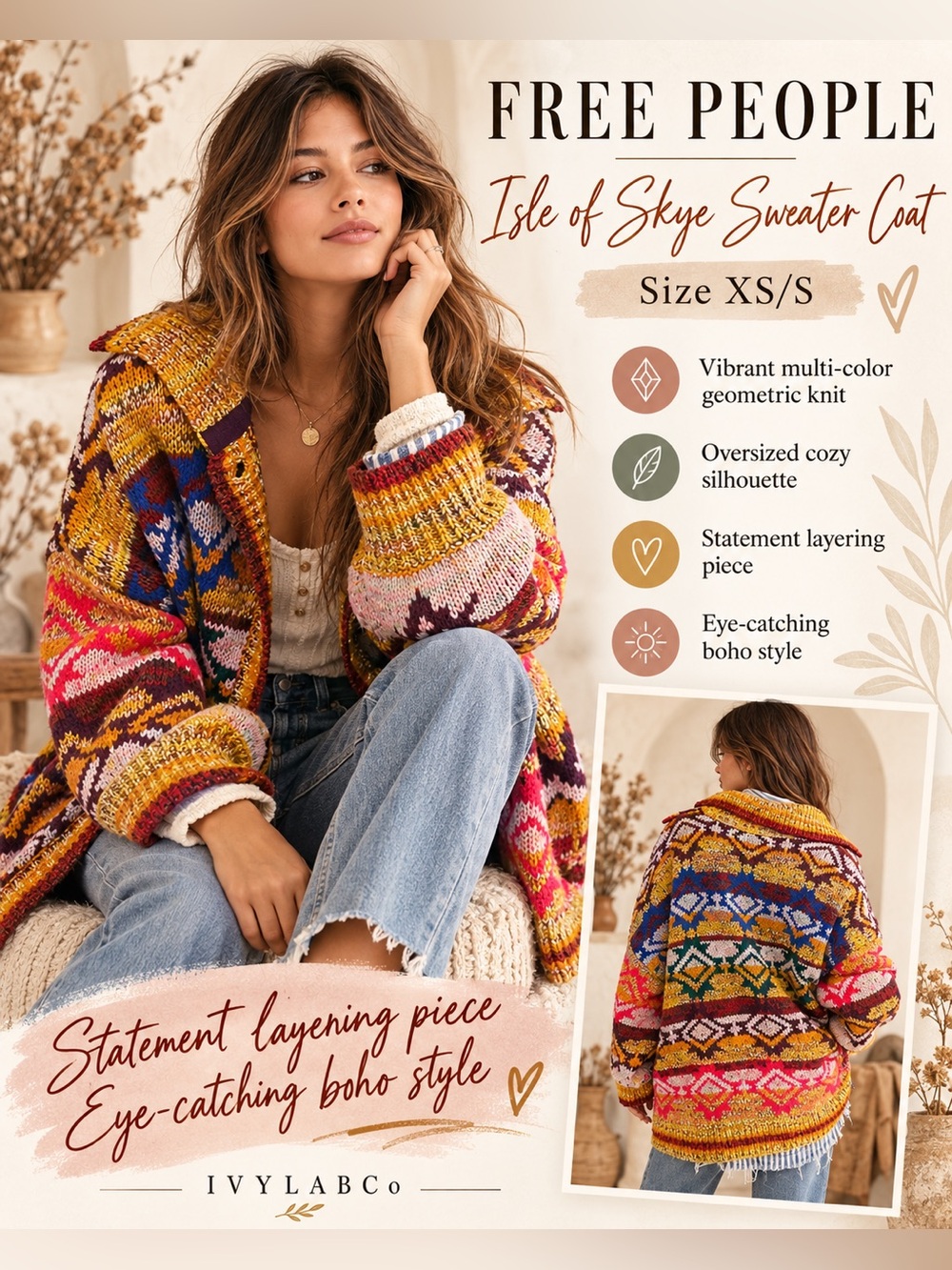 Free People Isle of Skye Sweater Coat Multicolor Oversized Cardigan XS/S NWOT